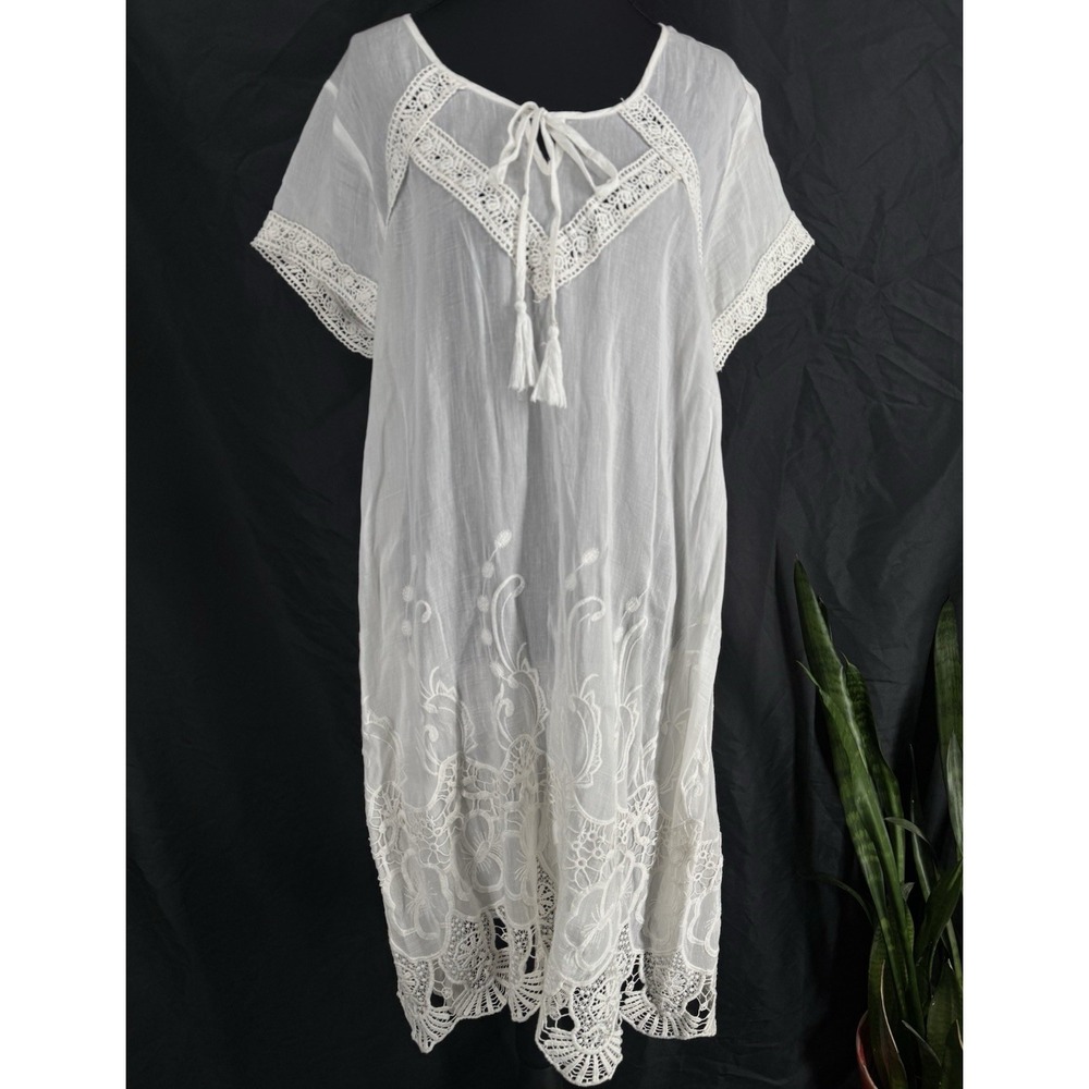 Boho Crochet Lace Embroidered White Midi Dress L Coastal Beach Resort Tassel Tie
